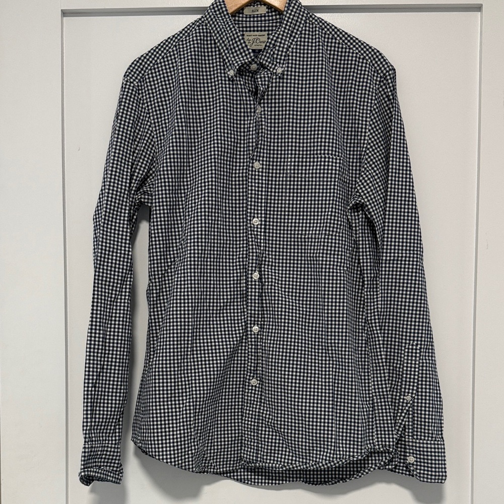 J. Crew Men's Navy and White Gingham Shirt
